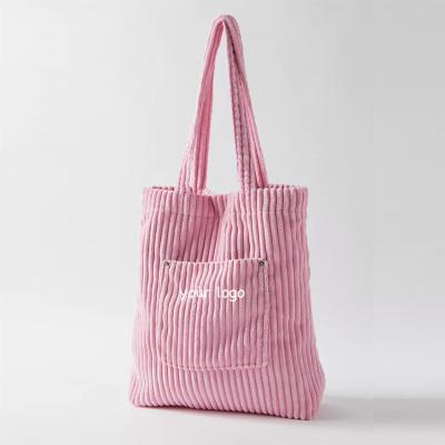 China Custom Made Denim Chic Cotton Water Resistant Fashion Corduroy Blue Green Pink Tote Handbag With Pockets for sale