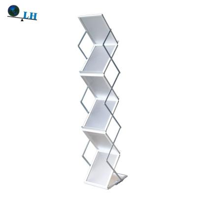 China Foldable Wholesale A4 Stand Foldable Portable Aluminum Catalog Acrylic Shelf for sale