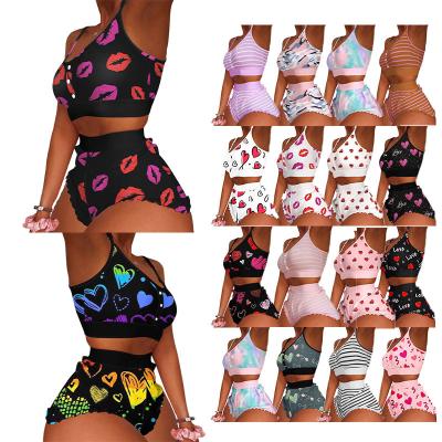 China QUICK DRY Print 2 Piece Shorts Set 2022 Summer Satin Pajama Shorts Sets Top Stripes And Shorts Two Piece Set Women Clothing for sale