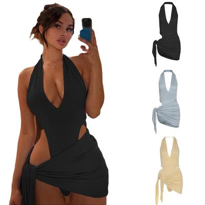 China 2022 Hot Selling Women's Halter Dress Summer QUICK DRY Sets 2 Pieces Sleeveless Backless Skirt Set Cavity Wrap Overalls Skirt Sexy Women for sale