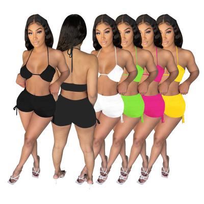 China QUICK DRY In Sexy Women Running Wear Two Piece Club Teams Beach Wear Solid Color Halter Bikini 2 Piece Set Women Shorts for sale