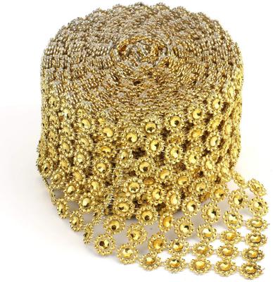 China Shiny Gold Plastic Flatback Flower Shape Diamond Mesh Ribbon Wrap Crystal Rhinestone Mesh Ribbon For Decorations for sale