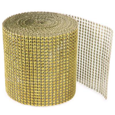 China High Quality Shiny Gold Ribbons Diamond Crystal Ribbon Wrap Rhinestone Mesh Flatback 24 Row For Christmas Decoration for sale