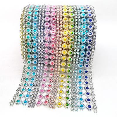 China Wedding Decoration Wholesale Rainbow Color Diamond Mesh Wrap Rhinestone Ribbon Plastic Roll For Wedding Decoration for sale