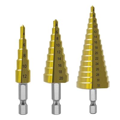 China Masonry Drilling 3PCS 4-12mm 4-20mm 4-32mm HSS Straight Flute Step Drill Bit Set Titanium Metal Coated Wood Hole Cutter Core Drill Bit Set for sale