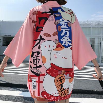 China Red Lucky Cat Kimono Women Japanese Yukata Polyester Female Asian Clothing Loose Cardigan Shirt Traditional Japan Style Haori for sale