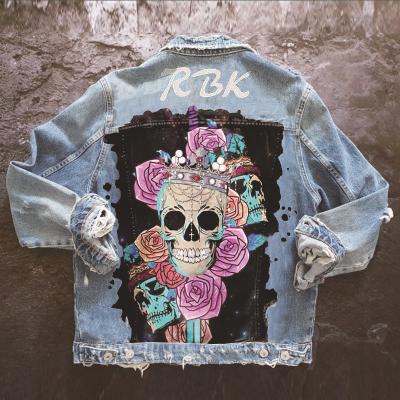 China Fashion Designer Denim Jacket Women Flower Print Skull Flower Print Turn-Down Loose Straight Collar Long Sleeve Girl Fashion Coat for sale