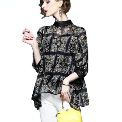 China Two Pieces Viable 2021 Fashion Women Summer Autumn Tops Stand Collar Floral Print Black Chiffon Shirt Blouse Loose Women Shirt for sale