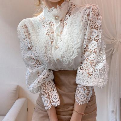 China New Viable Fashion Spring Loose Hollow Out Lace Shirt Solid Color Lace Splicing Long Sleeve Stand Collar Blouse Women for sale