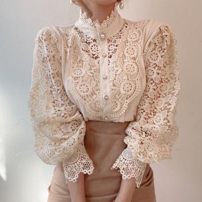 China Wholesale Women Fashion Stand Collar Lantern Sleeve Elegant QUICK DRY Pearls Button Hollow Out Lace Blouse for sale