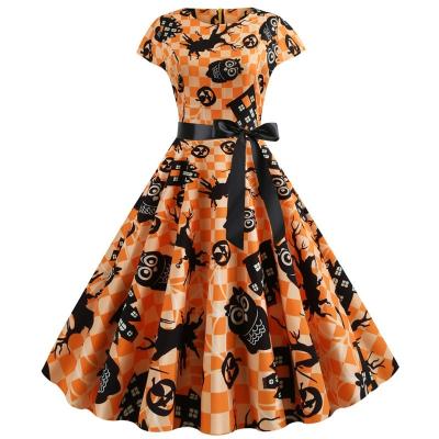 China 2021 Viable Women Vintage Print Sleeve Halloween Midi Party Dress Elegant Casual Short Maxi Dress Femme Vestido 50s 60s Summer Floral Dresses for sale