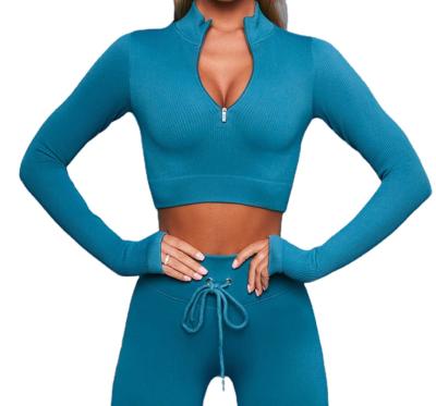 China Breathable Seamless Vertical Long Sleeve Cable Yoga Set High Chest Zipper Yoga Fitness Women Exercise Two-Piece Set for sale