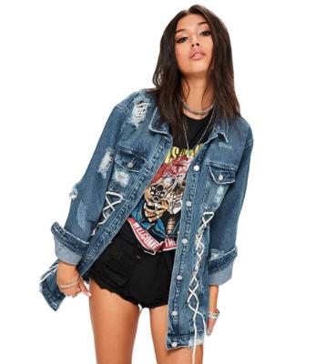 China Women's Breathable Loose Hole Single Breasted Casual Jacket Lapel With Cross Drawstring On Both Sides And Back Women's Denim Jacket for sale