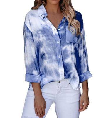 China Anti-pilling ladies casual tie dye printed single breasted button top long sleeve pocket lapel loose front shirt ladies for sale