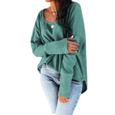 China Anti-wrinkle ladies loose round neck pullover women's top casual three button waffle sleeve long sleeve pullover hoodie for sale