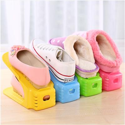 China Adjustable Shoe Rack Shoe Slotz Organizer Storage Space Saving Shoe Slot Organizer Double Layers Plastic Display Stand for sale