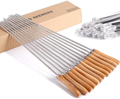 China Easily Cleaned Wooden Handle Stick Metal BBQ Grilling Kebab Skewers Charcoal Wood Handle Metal Flat Skewers for sale