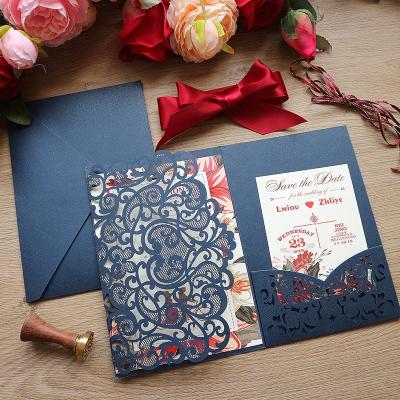 China Traditional Europe Navy Shimmer Sweetheart Fold Laser Cut Wedding Invitations Cards With Custom Inside Design for sale