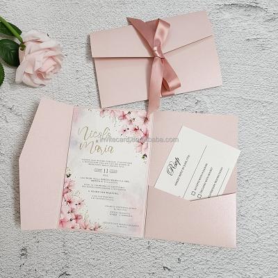 China Europe Blush Pink Trifold Pocket Paper Wedding Cards with Custom Personalized Printing and Envelope for sale