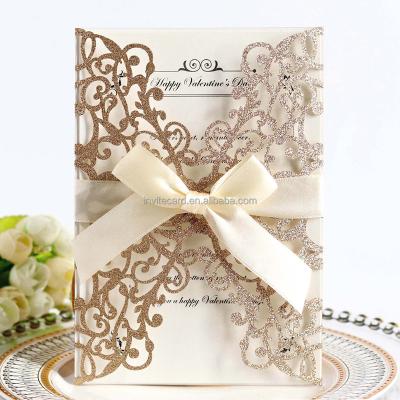 China Europe Flora Glittery Wedding Cards Laser Cut Fold Personalized Multi Color Printing Party Greeting Invitation for sale