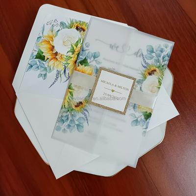 China Europe Yellow Sunflower Vellum Printed Wedding Invitation Card Envelope Transparent Customized Design With Envelopes for sale