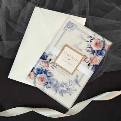 China Europe printing custom blue flower semi-transparent vellum envelope for wedding party invitation for sale