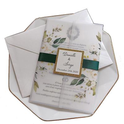 China Europe Hot Sales Flower Printed Vellum Envelope For Wedding Invitations With Tag DIY Glittery Semi-transparent Bridal Shower Party Card for sale