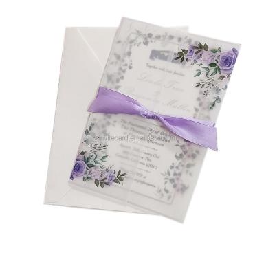 China Europe Wholesale DIY Purple Flower Printed Semi-transparent Vellum Envelope Wedding Invitation Cards With Bowknot for sale