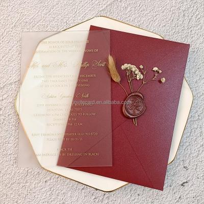 China 2mm custom printing western frosted acrylic invitation card with 250g pearl envelope and wax seal dry flowers for sale