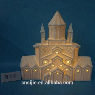 China Indoor Unpainted Porcelain Castle Decoration Christmas Lighted Ceramic Village House for sale