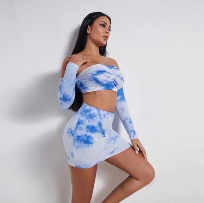 China 2022 Summer QUICK DRY Dye Print Tie Bodycon Long Sleeve Off The Shoulder Crop Top Skirt Sexy Ladies 2 Pieces Plus Size Women's Sets for sale