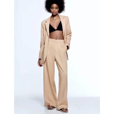 China 2022 High Quality Khaki Spring Business Pocket Office Women Classic Suits Ladies Blazer Wide Leg Pants Two Piece Set QUICK DRY for sale