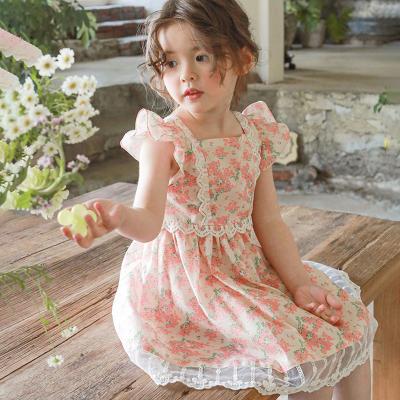 China 2022 Spring Summer Breathable Cute Traditional Printing Lace Square Collar Small Kids Style Floral Kids Baby Bridesmaids Dress for sale