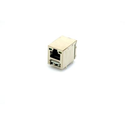 China Single Layer PCB RJ45 RJ45+1USB Modular Jack Connector With Light Left Right Green 8p8c Yellow Female Connector for sale