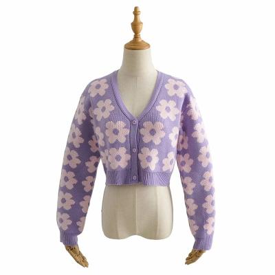 China Anti-wrinkle Nan-Tchang Auyan wind soft flower printed cardigan 2021 autumn short v-neck purple sweater coat for sale