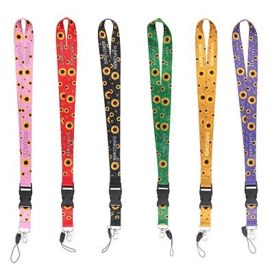 China Polyester beautifully printed sunflowers premium lanyard with breakpoint, release buckle, and flat ring for sale