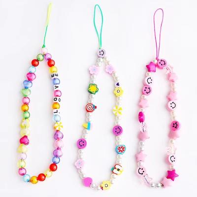 China 3 Pieces Acrylic Smiley Face Beaded Phone Lanyard Wrist Strap Star Fruit Letter Bead Rainbow Key Chain Handmade Acrylic Beads Bracelet for sale