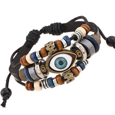 China Fashion Women Leather Bracelet Handmade Bead Charm Wrap Bracelets Boho Evil Eye Bracelet for sale