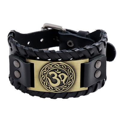 China Genuine Leather Bracelet Viking Totem Wide Vintage Wholesale Price Punk Rope Braided Alloy Bracelet Bangle for sale