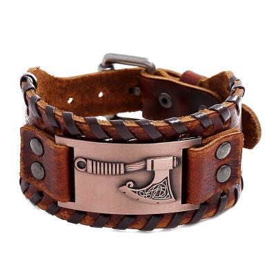 China New Fashionable Men's Viking Totem Wristbands Wide Cuff Leather Cuff Wrap Ax Adjustable Bracelet for sale