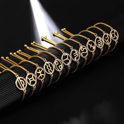 China 2022 New Latest Design Gold Plated Stainless Steel Diamond Pendant Bangle Female 12 Zodiac Charm Bracelets for sale