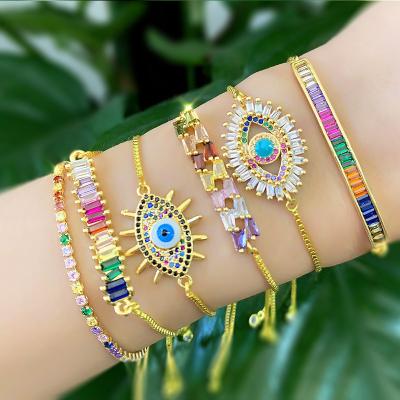 China Hot Selling BOHEMIA Wedding CZ Zirconia Rainbow Charms Diamond Golden Turkey Evil Eyes Anklet for sale