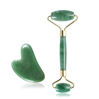 China Skin Tightening Natural Jade Massage Wheel With Gua Sha Facial Roller Jade Stone Roller Set Skin Scraping Tools For Face for sale