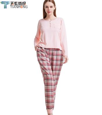 China Breathable Knit Long Sleeve Bamboo Cotton Top And Woven Plaid Flannel Pants Women Pajama Set for sale