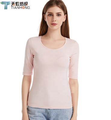 China Custom Anti-wrinkle Solid Knit Women's Medium Sleeve Bamboo Cotton T-Shirt for sale