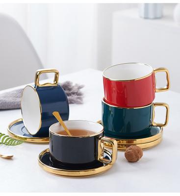 China AL Ins Style Colorful Luxury New Disposable Gold Porcelain Ceramic Coffee Cup And Saucer With Spoon for sale