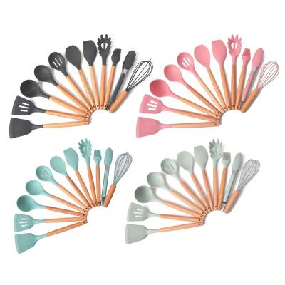 China Sustainable Kitchen Cooking Ware Set Silicone Cooking Tools Wood Handle Silicone Kitchenware Utensil Set 12 Pcs for sale