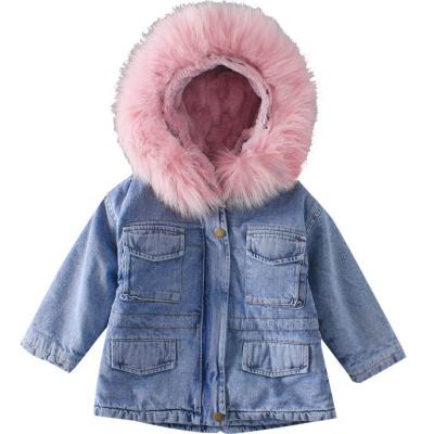 China Korean Girls Plus Size Kids Long Denim Anorak Jacket Breathable Korean Autumn Winter Real Fur Hooded Thick Coat Coat for sale