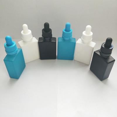 China Personal Care 30ml Square Rectangle Empty Frosting Glass Dropper Bottles With Child Safe Cap For E Liquid Essential Oil for sale