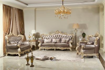 China French style Luxury design of Living room Sofa sets 1+2+3  used Beech wood Carving and Import Italy Leather Furniture for sale